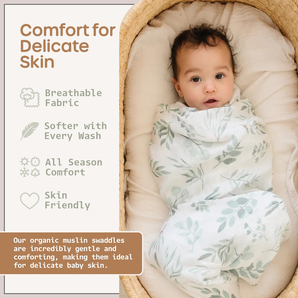 Organic Baby Muslin Swaddle Blankets for Boy or Girl - Eucalyptus Leaves and Sage Swaddling Blanket 2 Pack - Soft