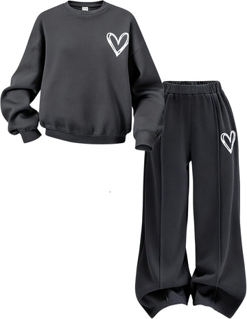 Clothes Tracksuit Set Sweatshirt & Wide Leg Pants with Heart Print Casual Outfit