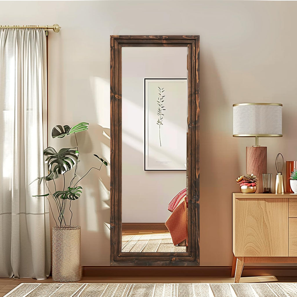 58x22in Full Length Mirror, 3-Tier Stepped Solid Wood Frame, Brown