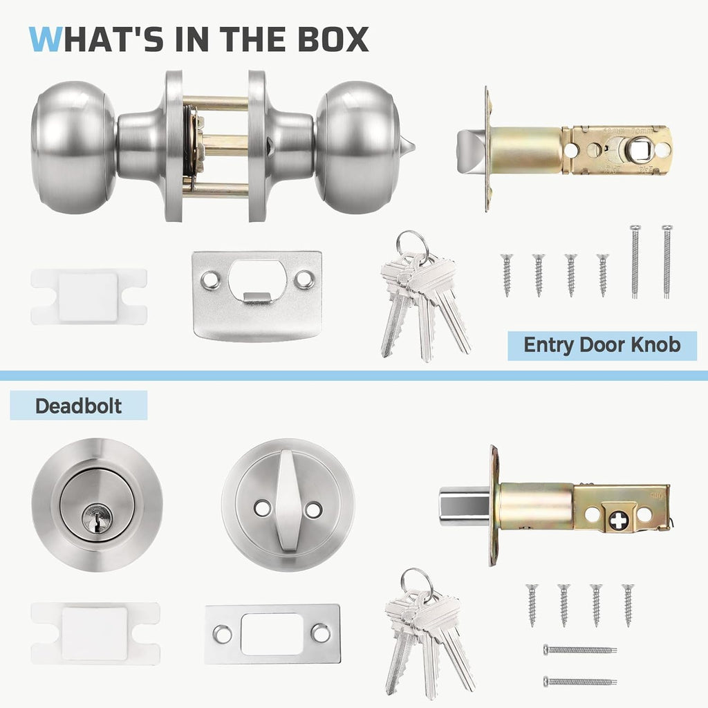 Keyed Entry Door Knob and Single Cylinder Deadbolt Combo Set, Exterior Door Knobs for Entrance and Front Door, Keyed