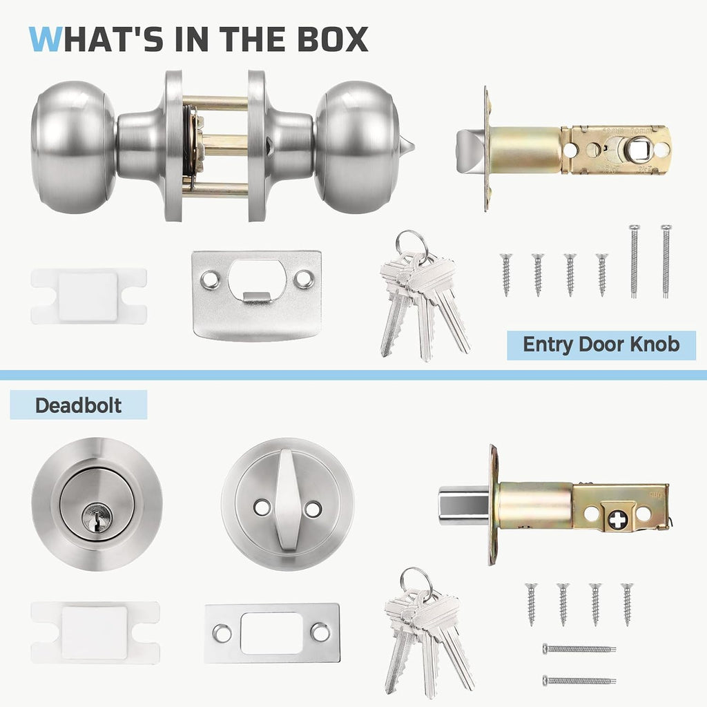 Keyed Entry Door Knob and Single Cylinder Deadbolt Combo Set, Exterior Door Knobs for Entrance and Front Door, Keyed