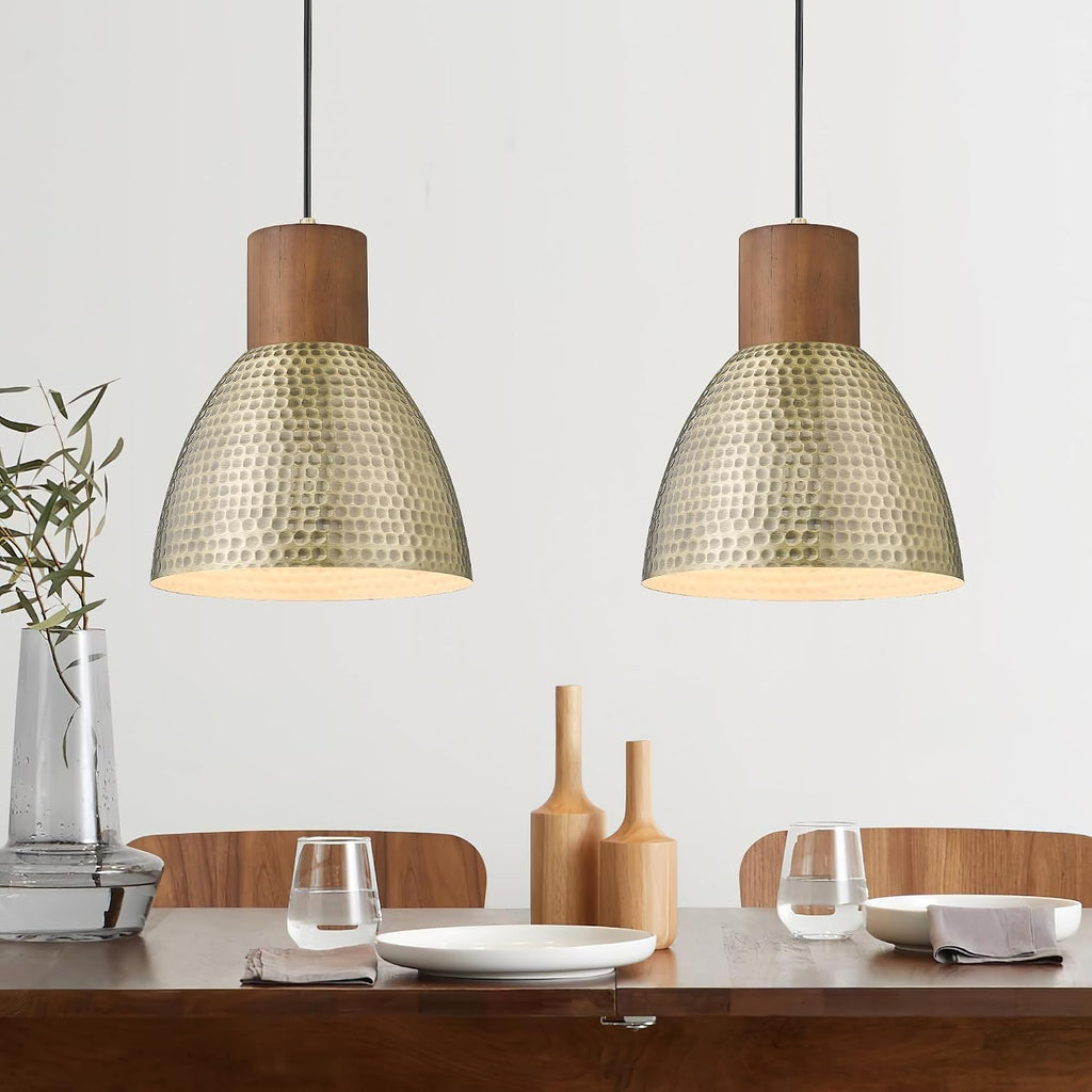 2 Pack Hammered Pendant Light Fixtures, 10.2" Vintage Metal Solid Wood Hanging Bar Lamp, Mid Century Antique Gold