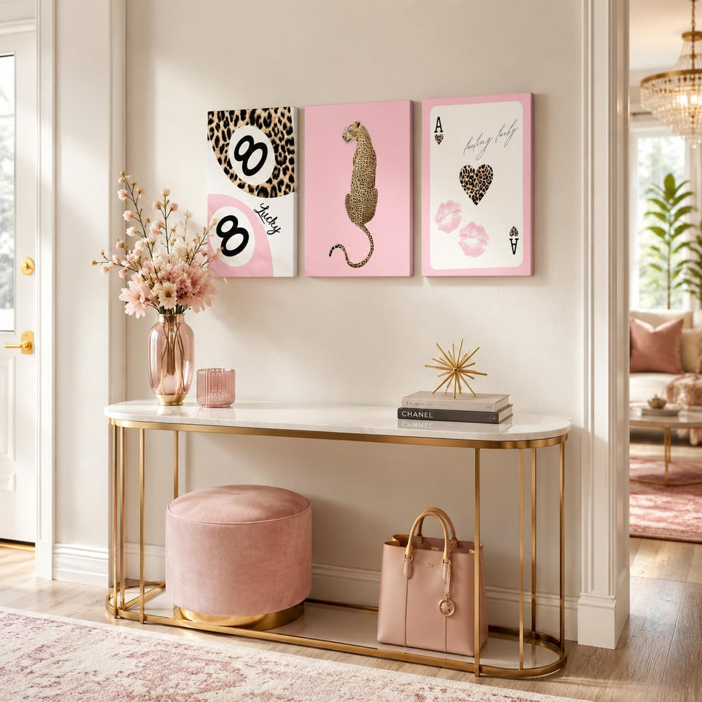 Cheetah Trendy Canvas Print Wall Art, Preppy Leopard 8 Ball Poster Pictures, Pink Y2k Coquette Luxury Print Lucky