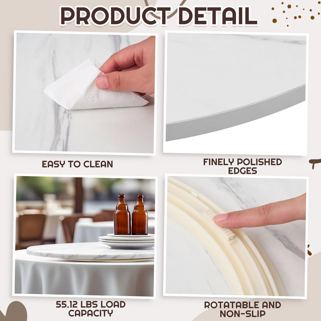 24" Lazy Susan Turntable, Marble White Rotating Wood Tray