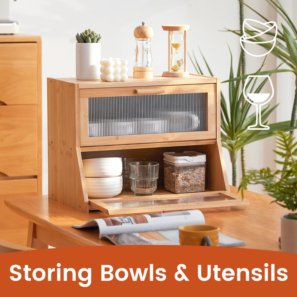 Double Layer Bamboo Counter,Large Capacity Bread Storage Bin,Bread Container with Acrylic Wavy Door Panel (Natural