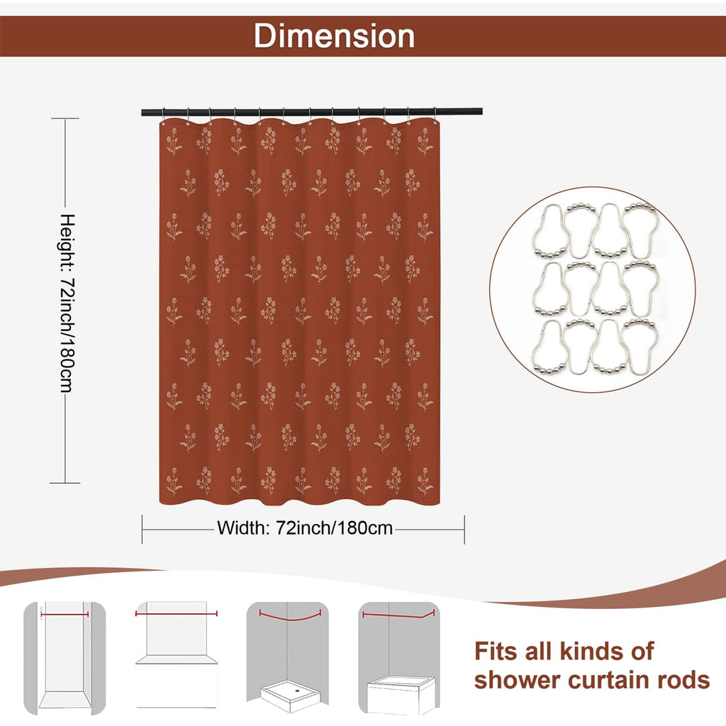 Linen Shower Curtain Terracotta Farmhouse Vintage Floral Shower Curtains Burnt Orange Boho Rustic Curtains Block