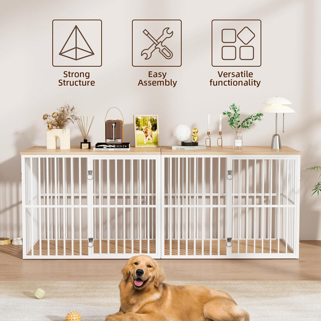 Double Dog Crate Furniture for 2 Large Dogs, White/Natural