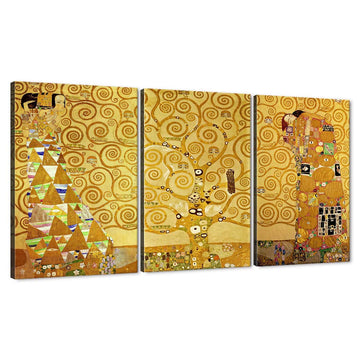 Gustav Klimt Painting Wall Art, The Tree of Life Canvas Picture Art Print, Modern Luxury Gold Style 3 Panels Wall
