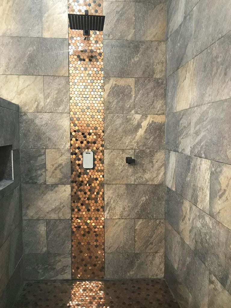 Hexagon Stainless Steel Brushed Mosaic Tile Bronze Copper Color Black Bathroom Kitchen Backsplash Shower Floor Tiles