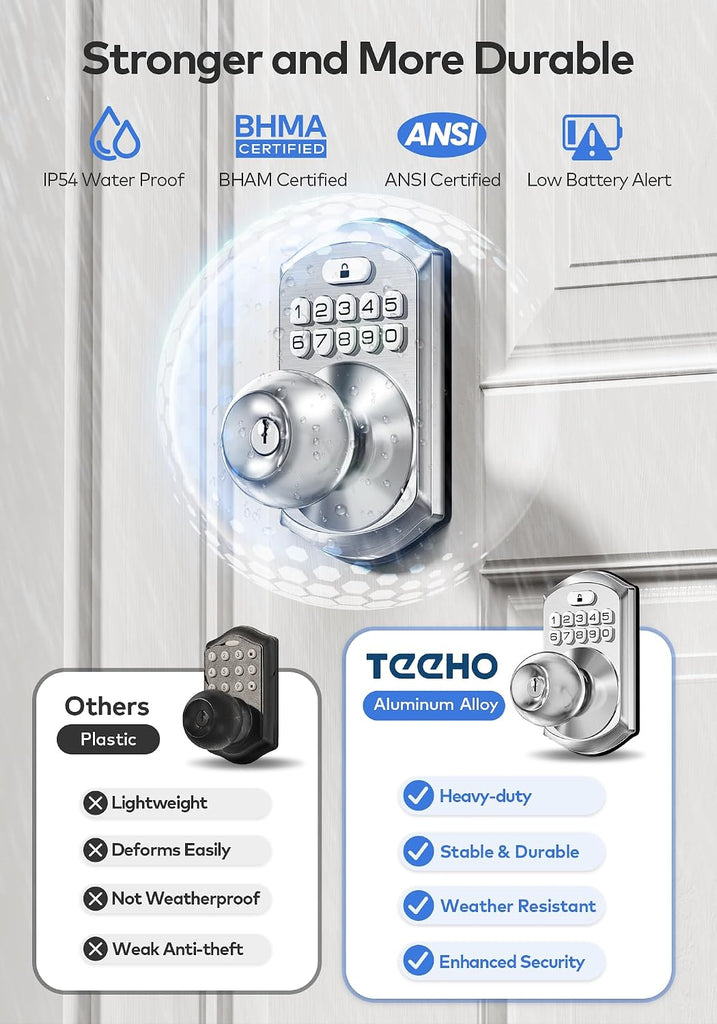 Keypad Door Knob Lock, Keyless Entry Door Handle, Satin Nickel
