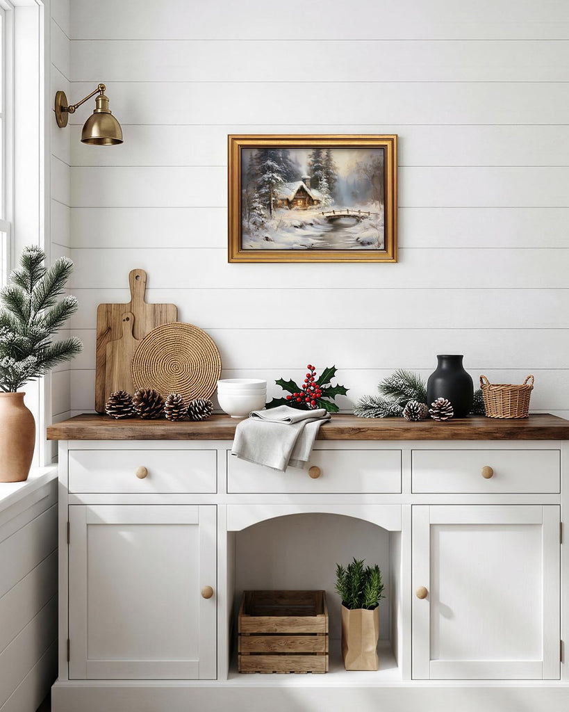 Winter Cabin Wall Art Snowy Forest Landscape Painting 12x16 Inch