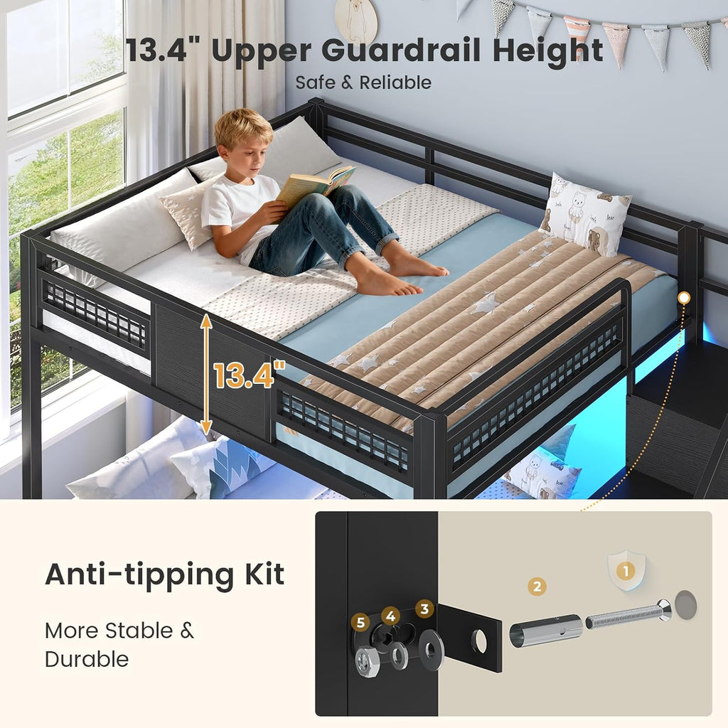 Bunk Bed Full Over Full with Stairs, LED Lights Full Bunk Bed with 2 Storage Drawers & 6 Fabric Drawers