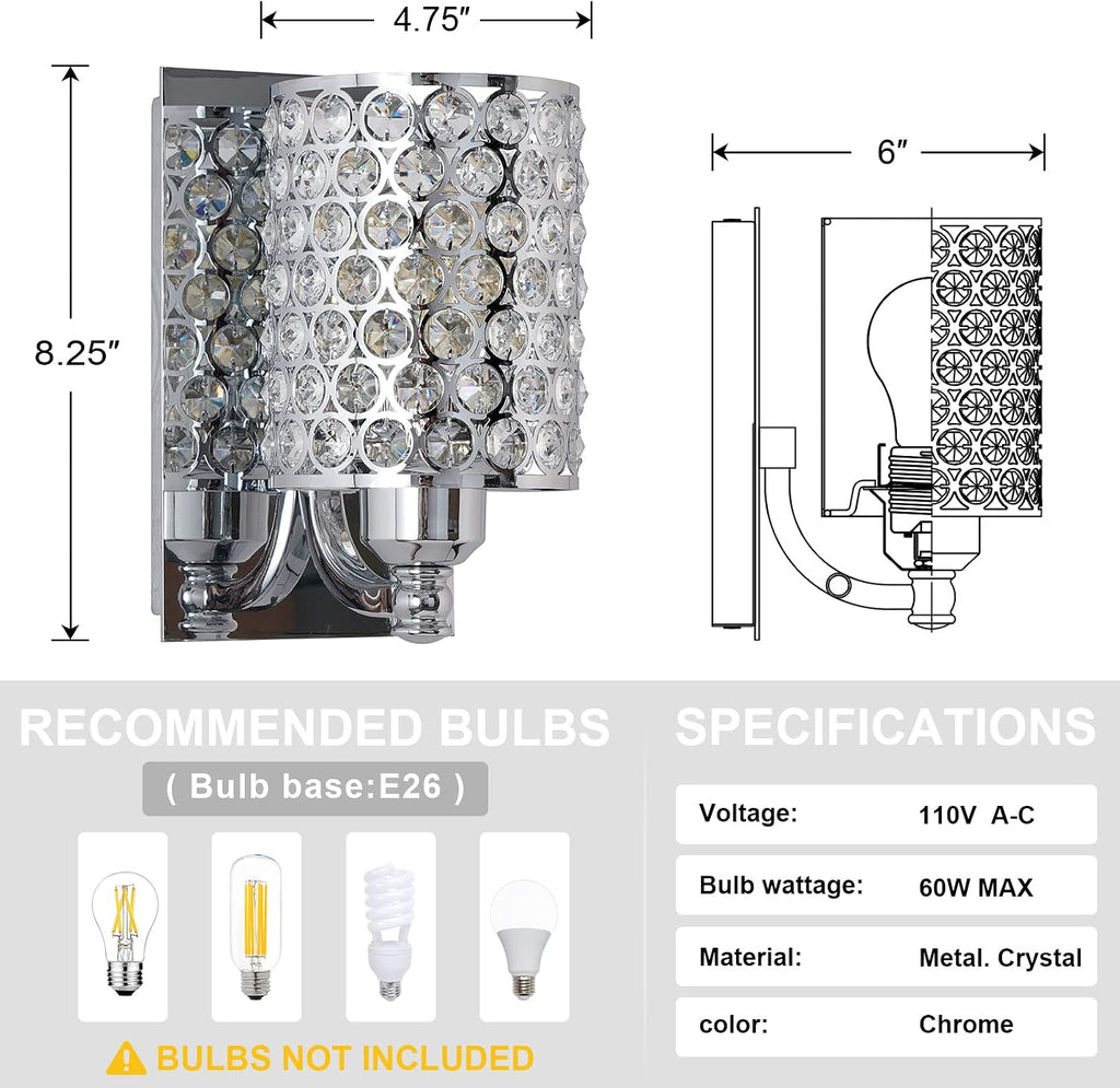 Crystal Wall Sconce with Chrome Finish (Set of 2) Modern Concise Style Wall Light Fixture Polyhedral Opal Crystal