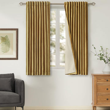 100% Blackout Gold Velvet Curtains 63 inches,2 Panels Rod Pocket Back Tab Thermal Insulated Room Darkening Curtain