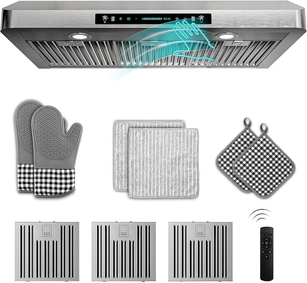 42 Inch Stainless Steel Under Cabinet Range Hood 900 CFM Ultra-Quiet 4 Speed Gesture Control, LED Lights External Venting