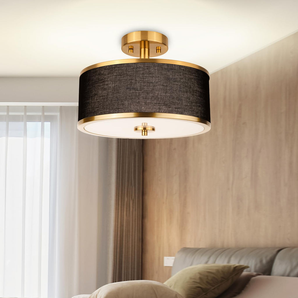 3-Light Semi Flush Mount Ceiling Light Fixture, 12.6" Gold Drum Light with Black Fabric Shade, Modern Close to