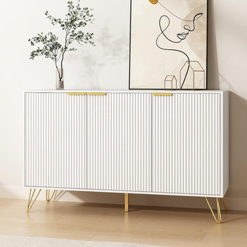 Storage Cabinet with 3 Fluted Doors and Adjustable Shelves, White丨Modern Wood Accent Table, Sideboard Buffet Cabinet