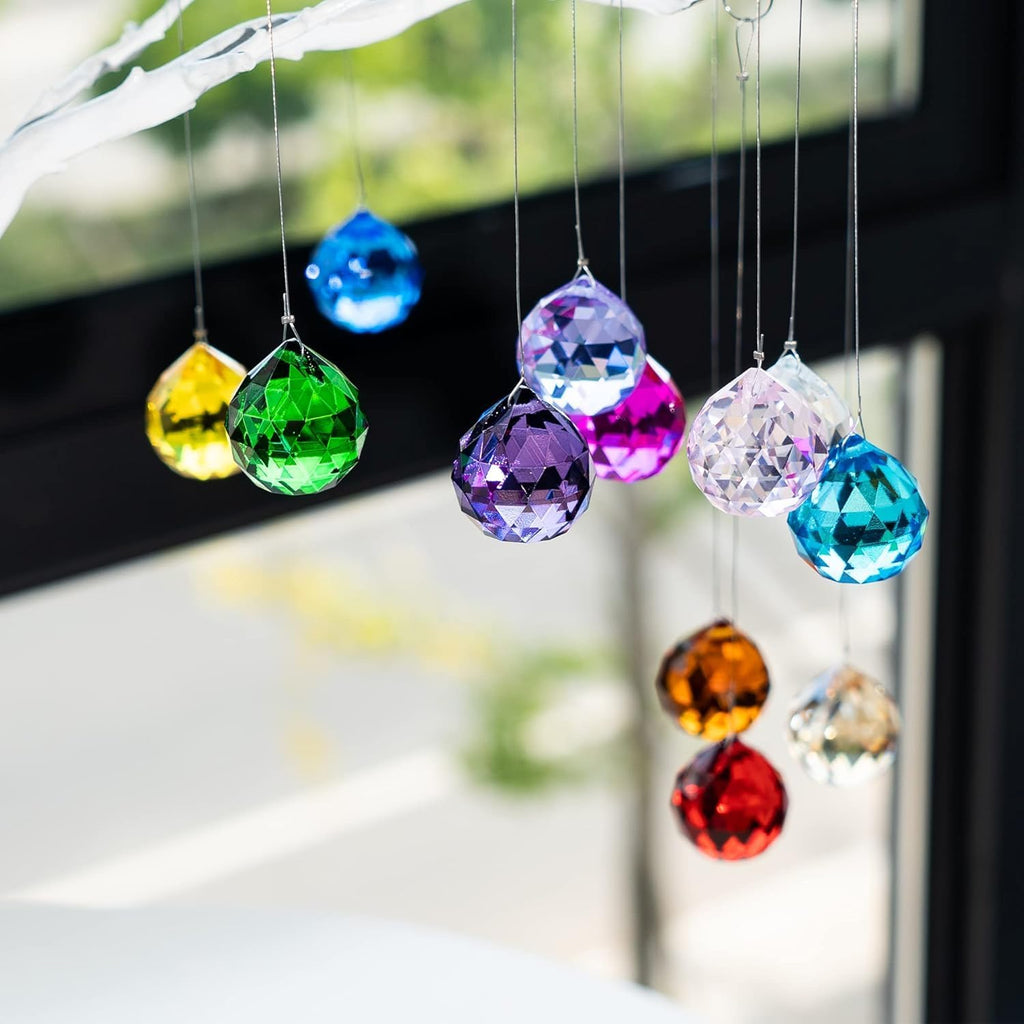 12PCS Crystal Prism Ball Suncatcher, 20mm Chandelier Replacement Glass Ball - Multi-Color Glass Crystal Sun Catcher