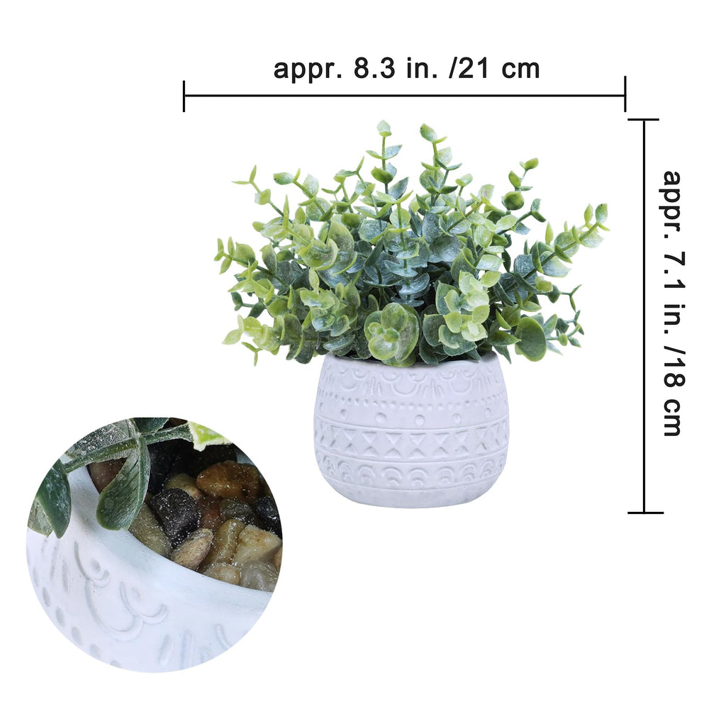 Set of 2 Small Artificial Potted Plants Faux Eucalyptus Plant in White Geometric Ceramic Pots Small Desk Potted