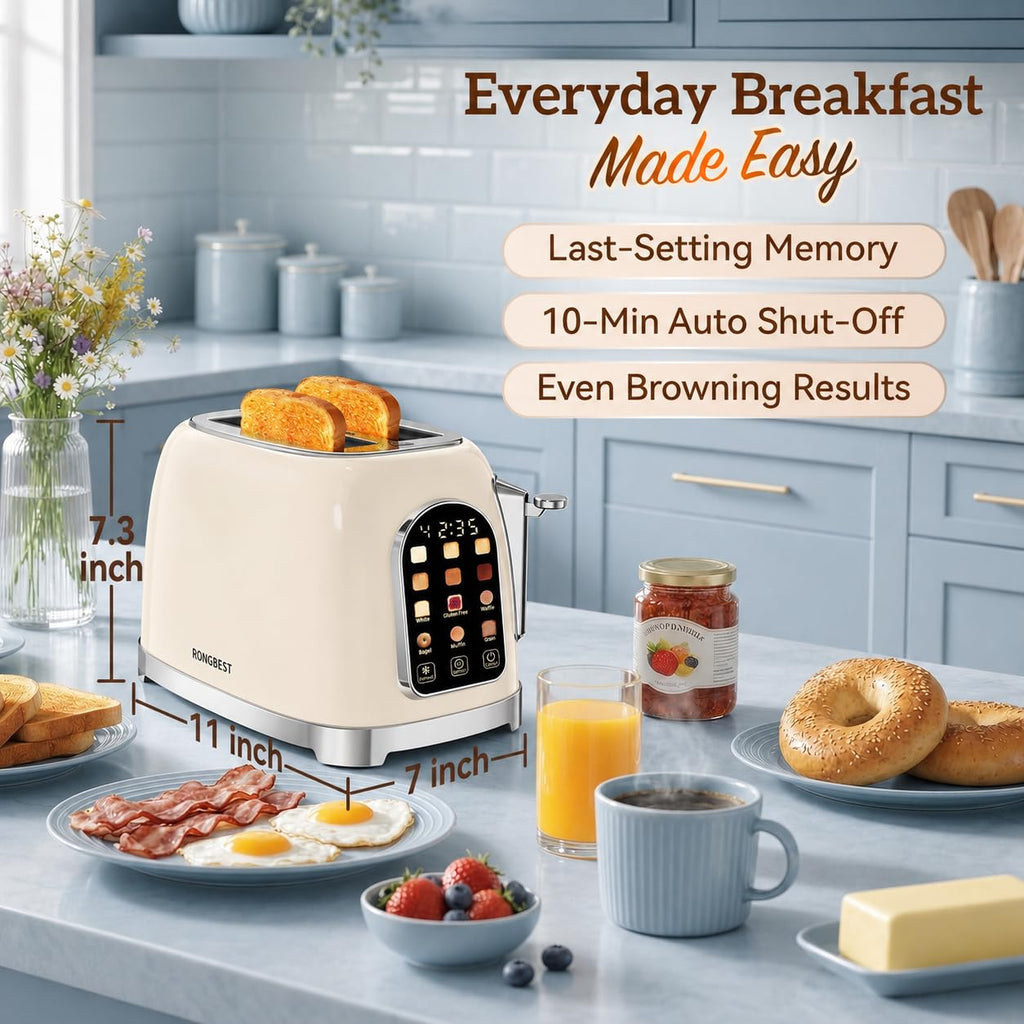 2 Slice Touchscreen Toaster Retro with Wide Slots, Cream Color