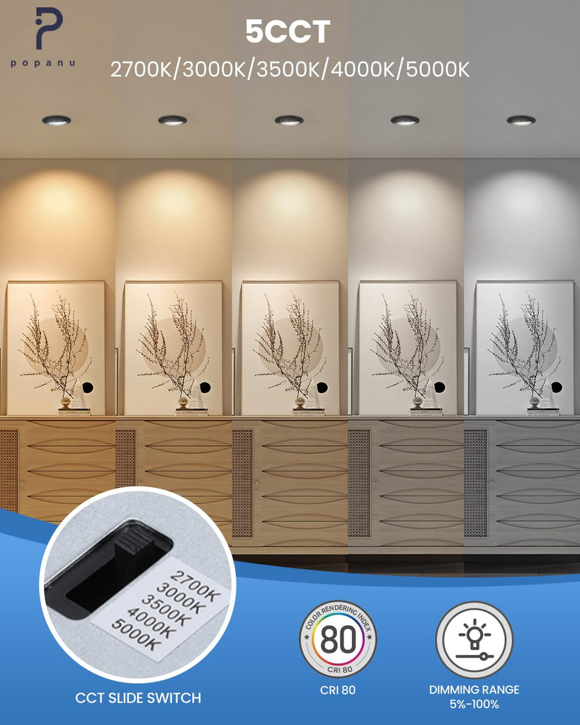 6 Inch Gimbal LED Recessed Lights 6 Pack,5CCT Canless Light Black