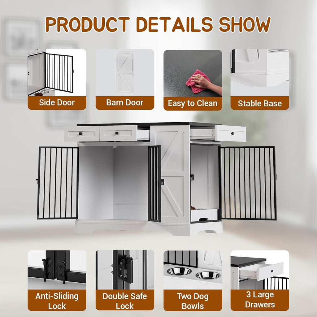 Large Dog Crate Furniture with Storage, Indoor Dog Kennel with 3 Drawers & 2 Feeding Bowls, Furniture Style Wooden