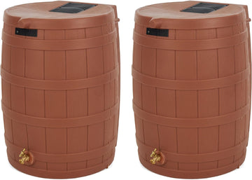Rain Wizard Water Collection Barrel, 50 Gallon, Terra Cotta | 2 Pack, Faux Wood Design - Plastic Outdoor Home Rain