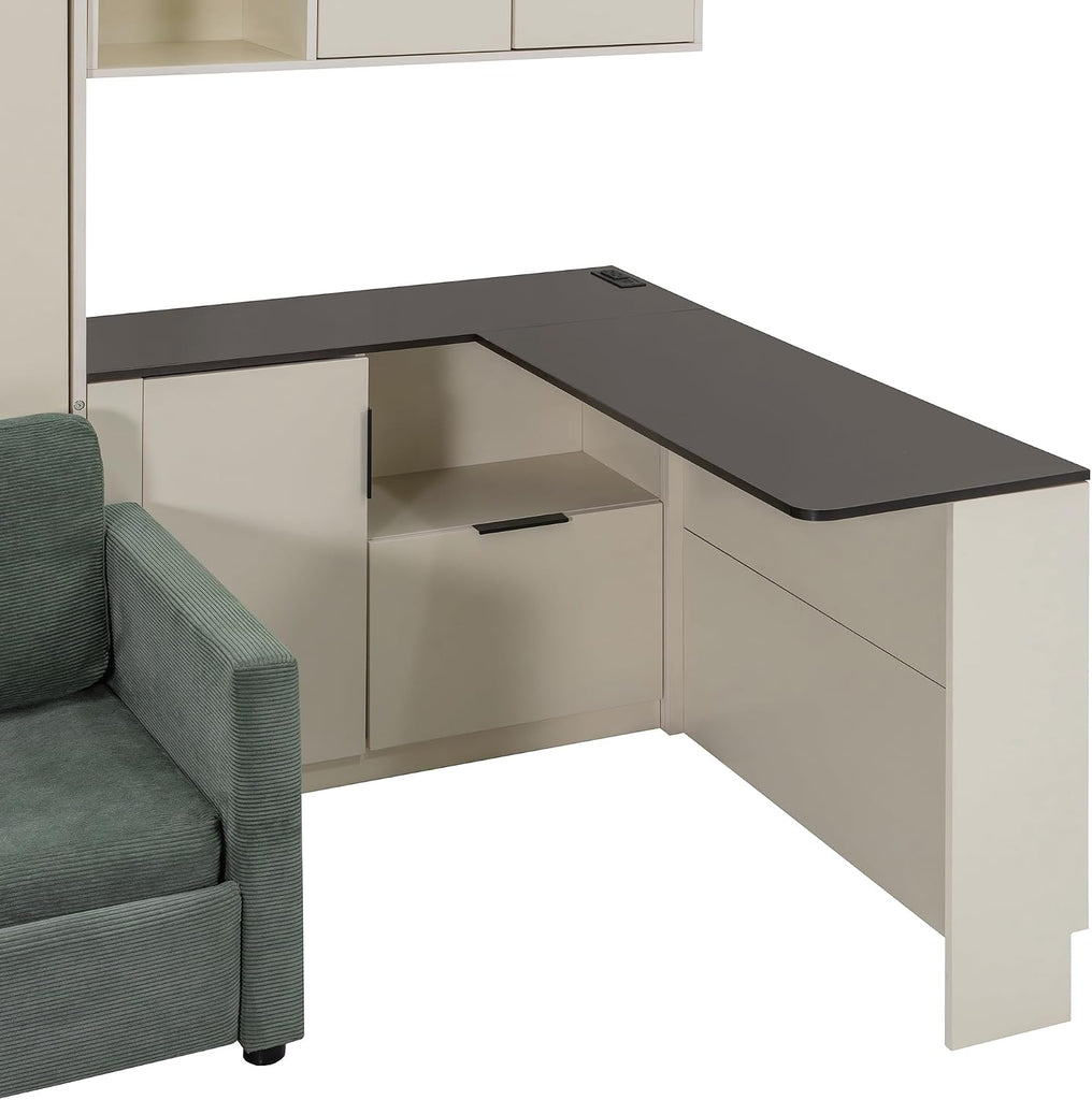 Queen Murphy Bed with Couch,L-Shape Desk and Storage Cabinet & LED, Wood Folding Murphy Wall Bed with Desk,Sofa and