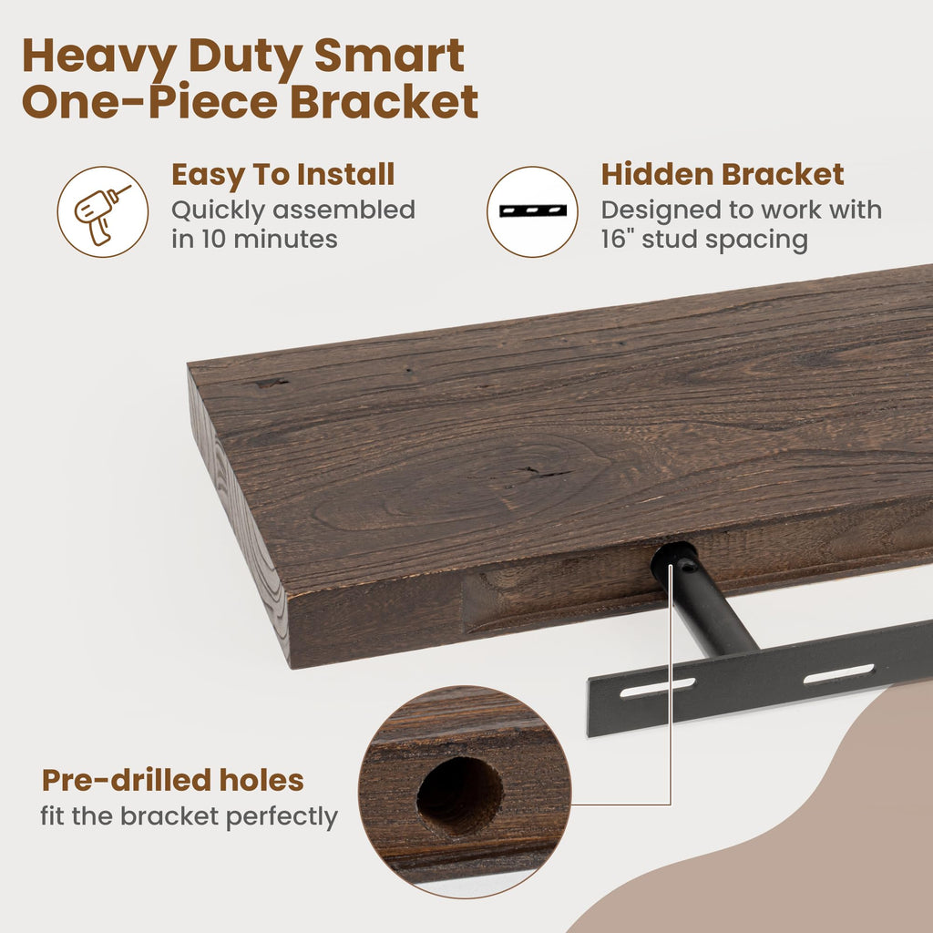 Floating Shelves for Wall, 8" Deep Elm Wood Shelves, 40in Set of 1, Walnut