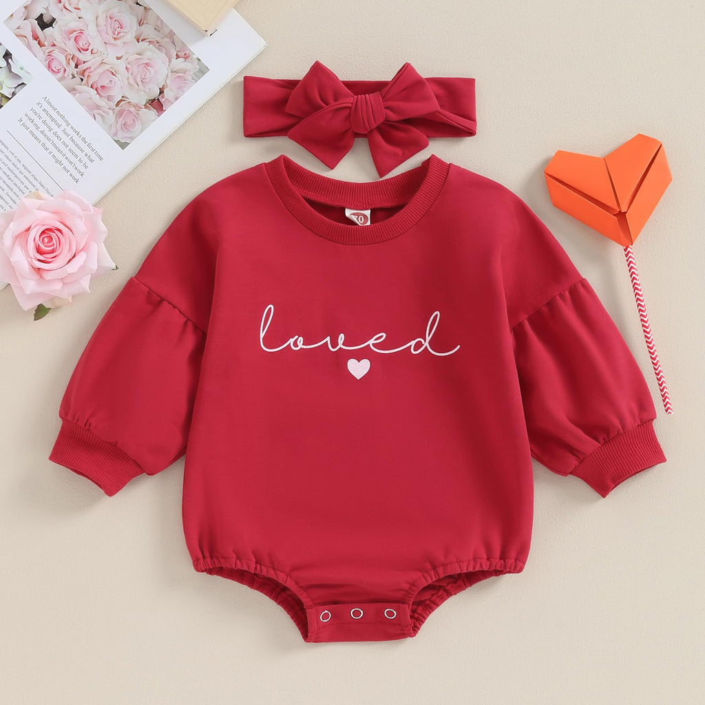 Newborn Baby Girl Valentines Clothes Long Sleeve Onesie Bubble Romper Fall Winter Cute Outfits (Puff Sleeve Red, 0-3