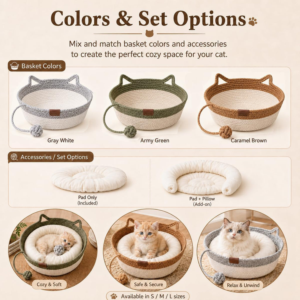 Instinct Basket for Cats, Handwoven Cotton Rope Cat Basket Bed with Toy Ball and Cat Ear Handles, Scratchable