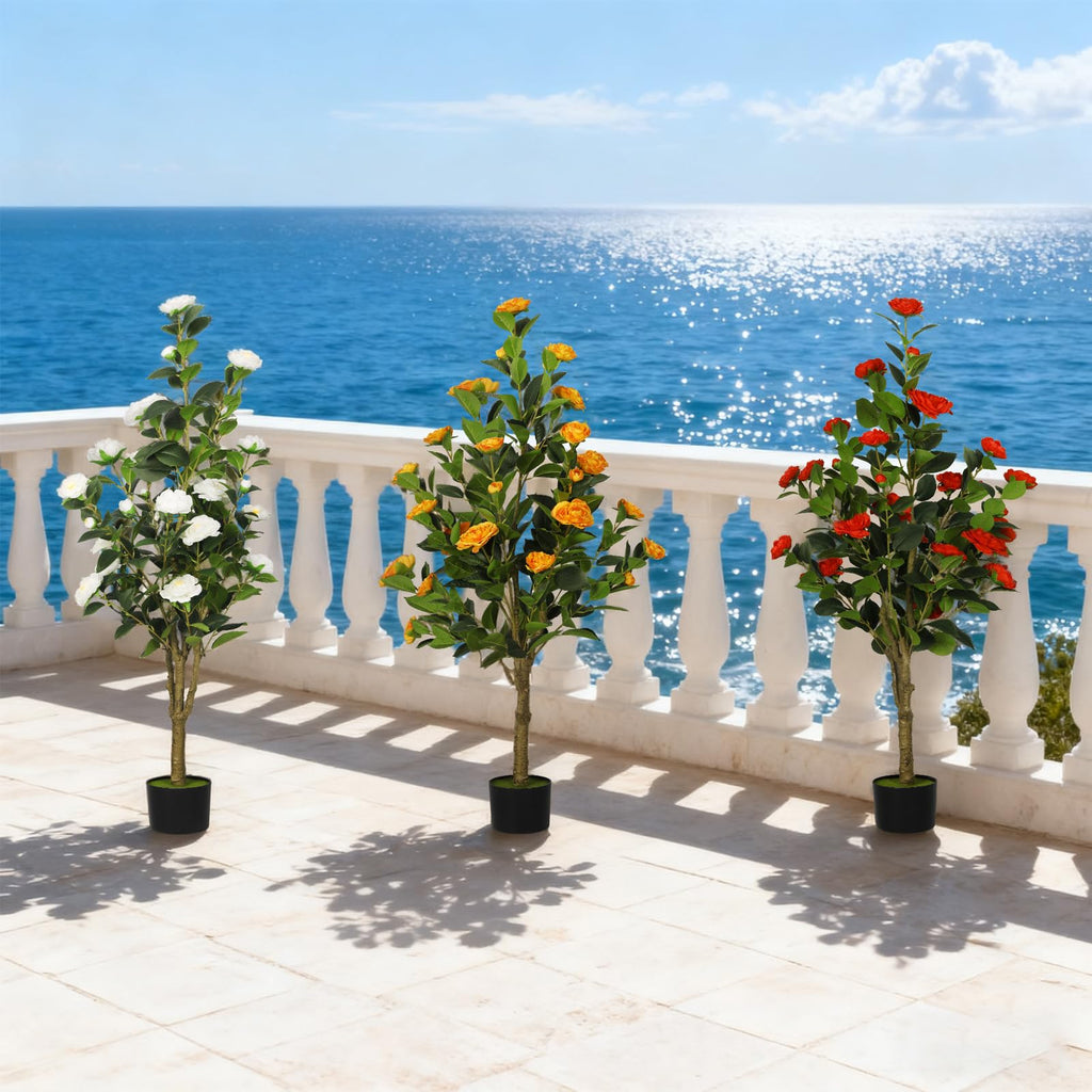 2-Pack 4FT Artificial Camellia Tree, Realistic Fake Potted Plants with Flowers&Planters, Indoor/Outdoor Faux Flowering