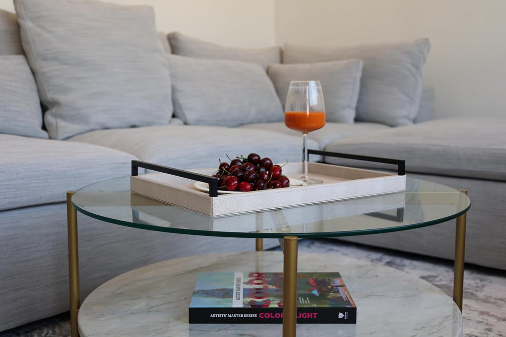 Sagala Ivory Shagreen Serving Tray for Ottoman, Faux Leather Wooden Decorative Tray with Black Handle for Coffee