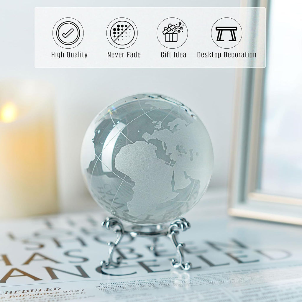 3.15in Crystal Earth Globe with Stand Glass World Globe Paperweight