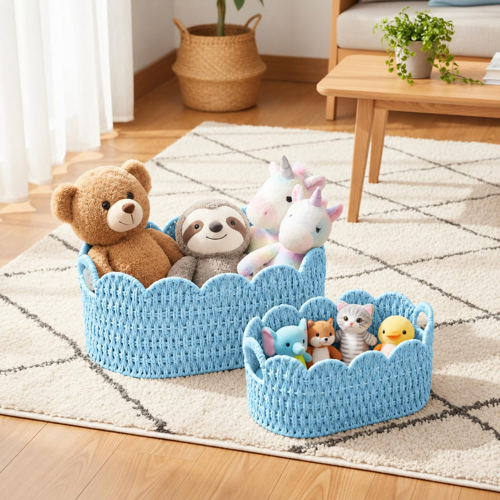 Set of 2 Paper Rope Scalloped Baskets, Small Wicker Baskets for Gifts, Blue