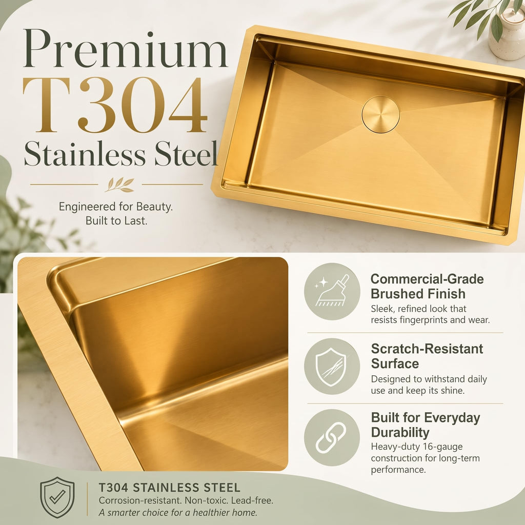 Gold Undermount Kitchen Sink 33"x19", 16 Gauge Stainless Gold Sinks