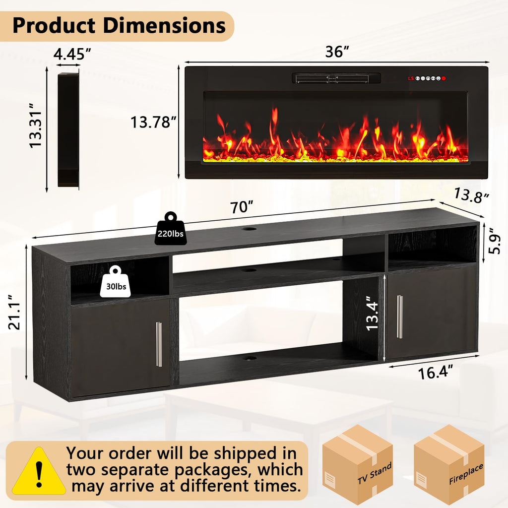 70" Floating TV Stand with Fireplace, Wall Mounted Entertainment Center with Storage for TVs up to 80", Modern Media