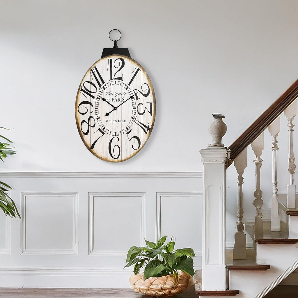 Large Wall Clocks, 29 Inch-High Oversized Oval French Vintage Farmhouse Design