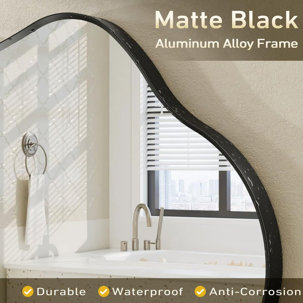 48x27 Black Irregular Mirror, Matte Asymmetrical Bathroom Mirror