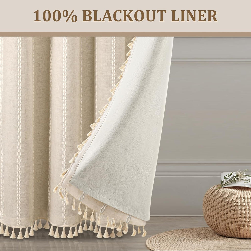 Boho Blackout Curtains 2 Panels 84 Inch for Living Room Bedroom, Beige Linen Texture Farmhouse Curtains with Tassels