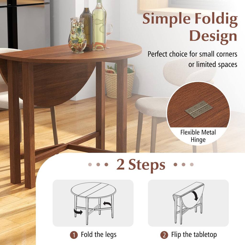 36" Folding Dining Table for 2-4, Extendable Drop Leaf Kitchen Table with Solid Rubber Wood Frame, Space-Saving Round