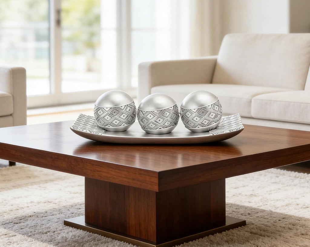 Silver Decorative Orbs with Tray Set, 3Pcs Resin Decorative Balls with Tray, Modern Accent Sphere for Coffee Table