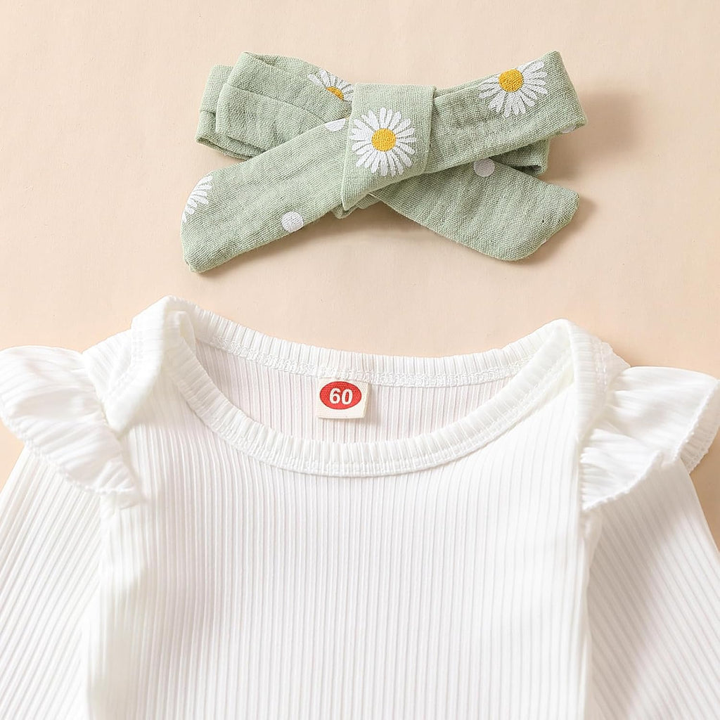 Newborn Infant Girl Clothes Rib Knit Romper Daisy Print Pants Headband Baby Clothes for Girls 0 3 6 12 18