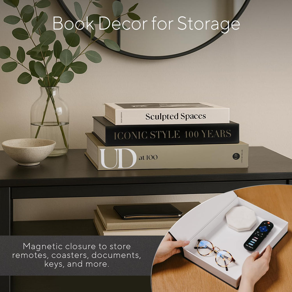 Designer Decorative Books Set of 3, Contemporary Faux Books with Storage | Large neutral hardcover book boxes with
