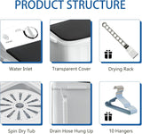 Portable Washing Machine, 18lbs Compact Laundry Washer, Free Drying Rack & 10 Hangers, 11lbs Wash & 7lbs Spin Dry