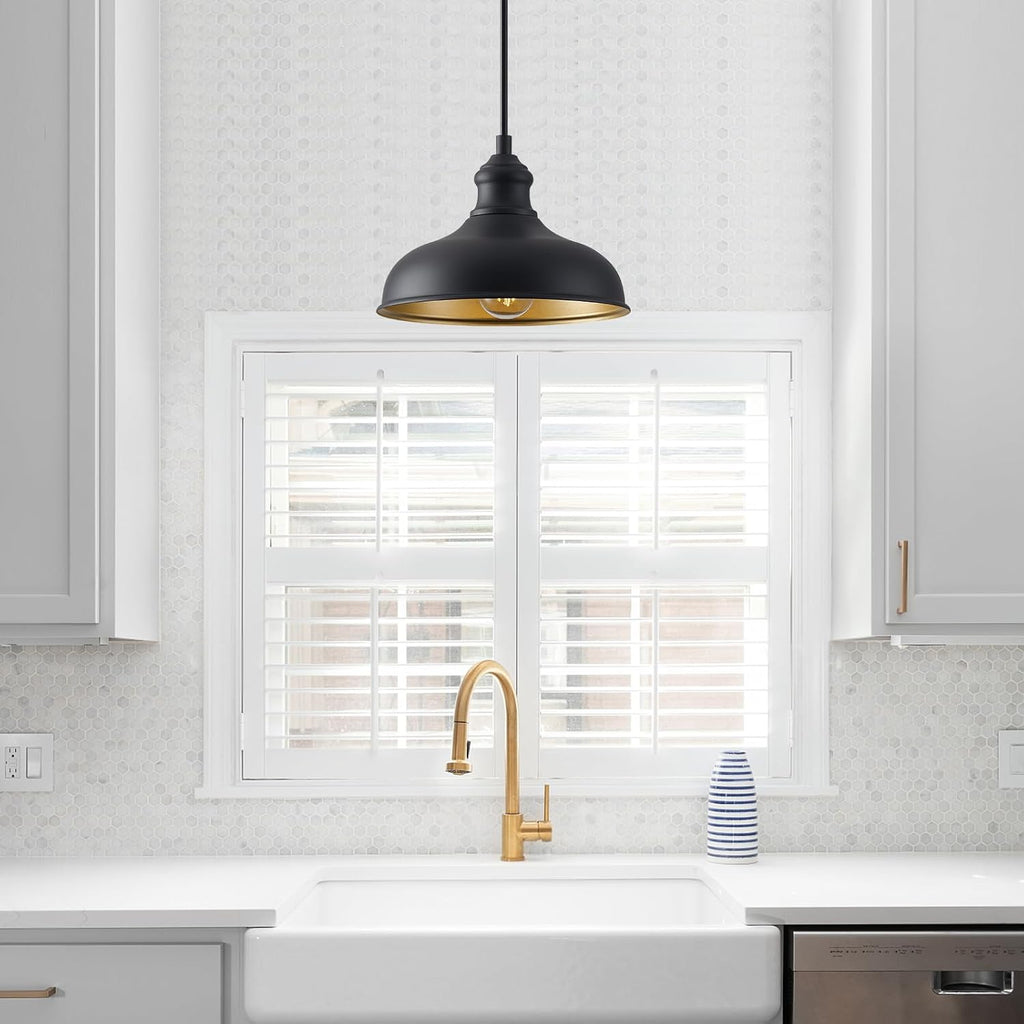10in Dome Outdoor Pendant Barn Lights Black Kitchen Island Pendant Lamp with Brass Interior