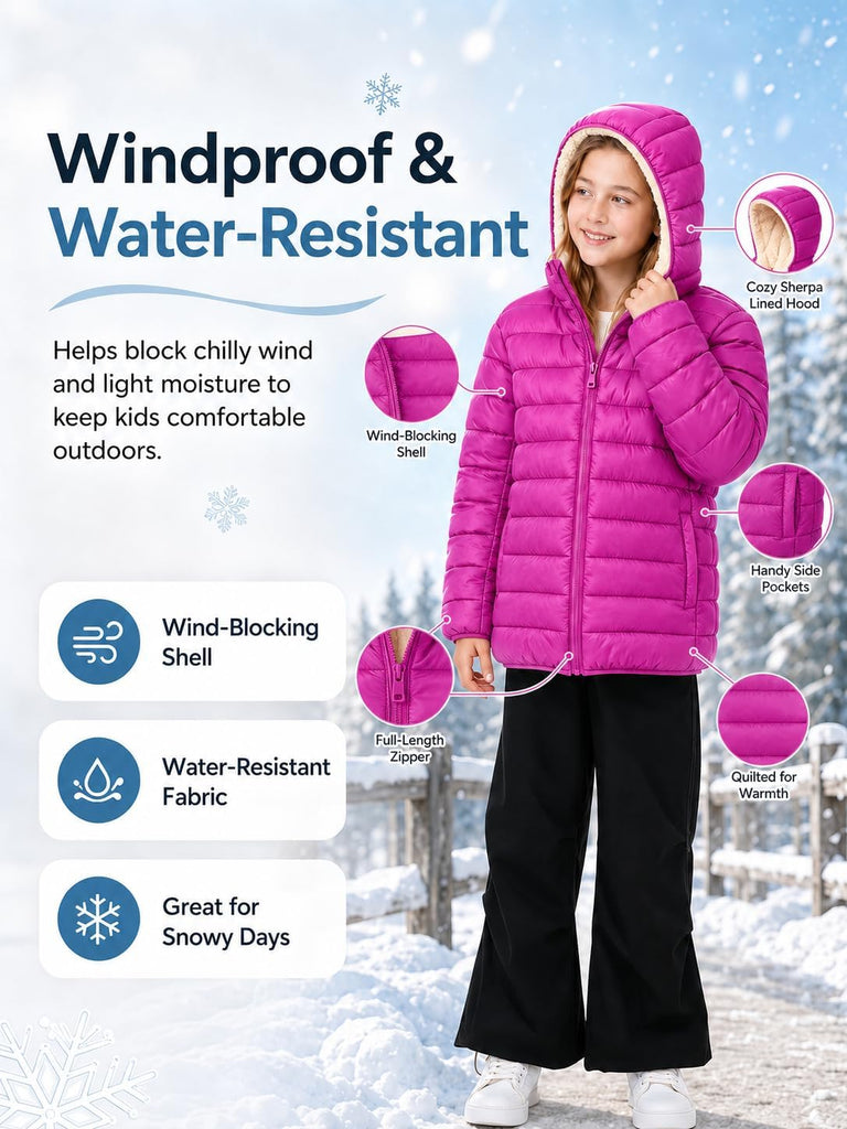 Girls Hooded Winter Coats Sherpa Fleece Lined Puffer Jacket