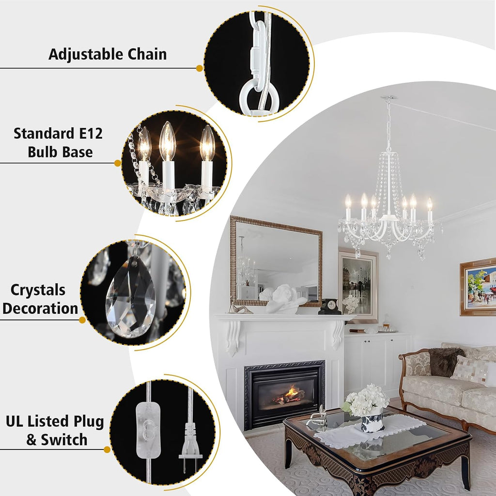 White Crystal Chandelier Plug-in Hanging Light, 6-Light with 15 ft Clear Cord
