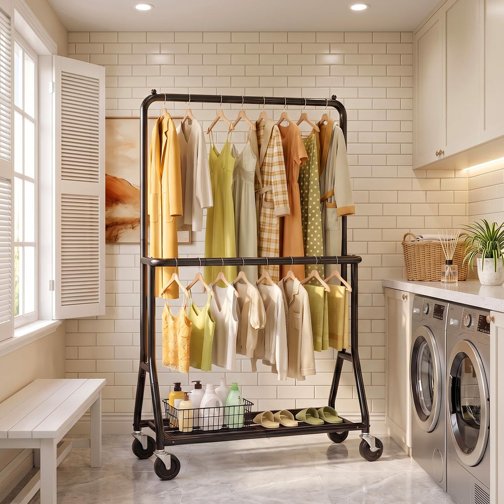 Heavy Duty Clothes Rack with Wheels, Double Rod, 655 lb, Black