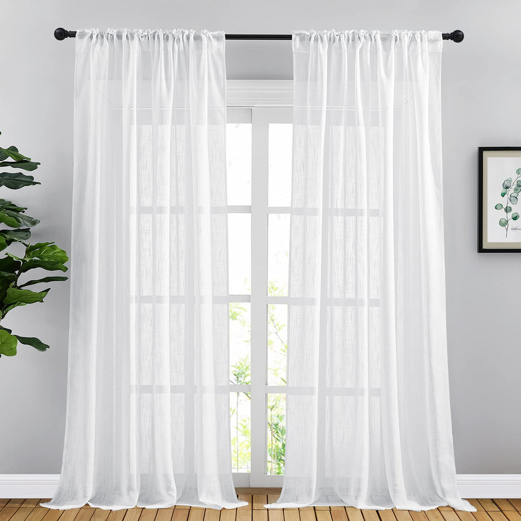White Faux Linen Sliding Door Curtains 90 inches Long, Rod Pocket & Back Tab Semi Sheer Window Treatments Privacy